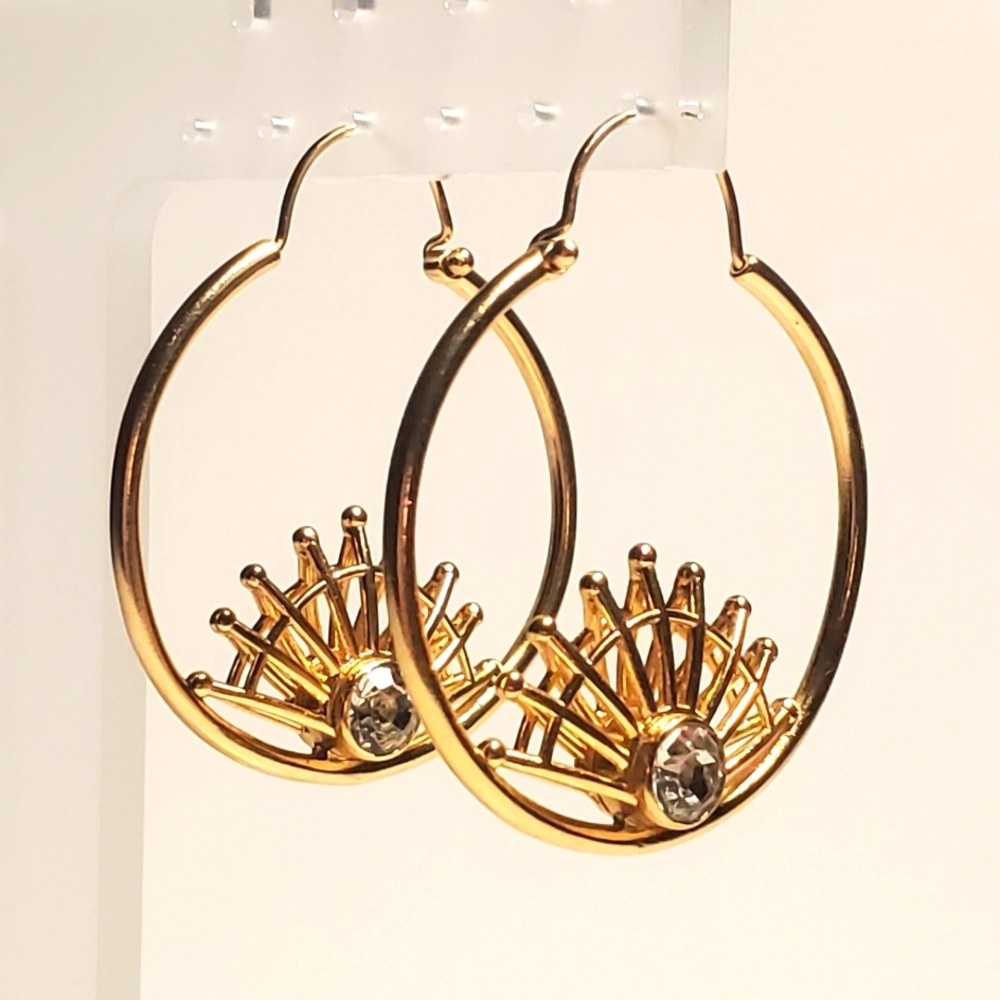 Amrapali 14k Gold Plated Sun Hoop Earrings with Chaton-cut Crystals New On Card